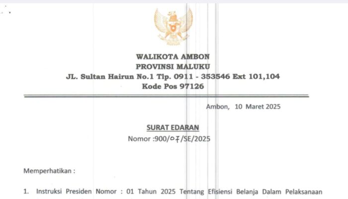 Walikota Ambon Terbitkan Surat Edaran soal Efisiensi, Ini Butir-butirnya