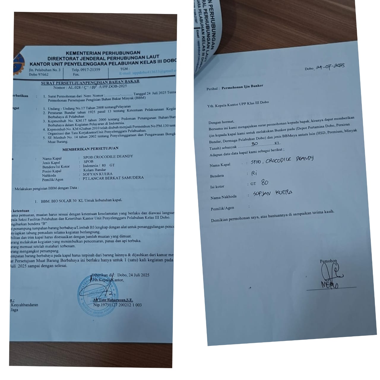 Surat Ijin Bunker KM Crocodile
