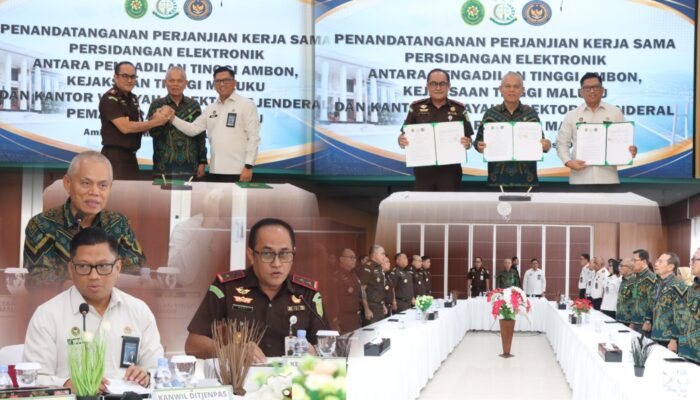 Kajati Maluku Tandatangani Kerja Sama Persidangan Elektronik Bersama PT Ambon dan Kanwil Pemasyarakatan Maluku   